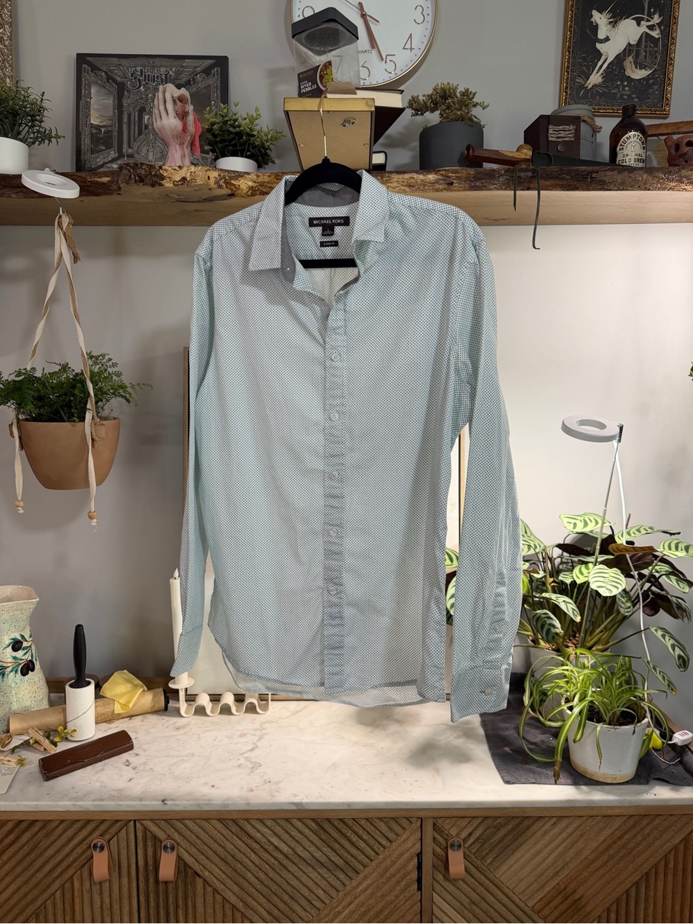 Michael Kors Men's Light Blue Microdot Dress Shirt Classic Fit